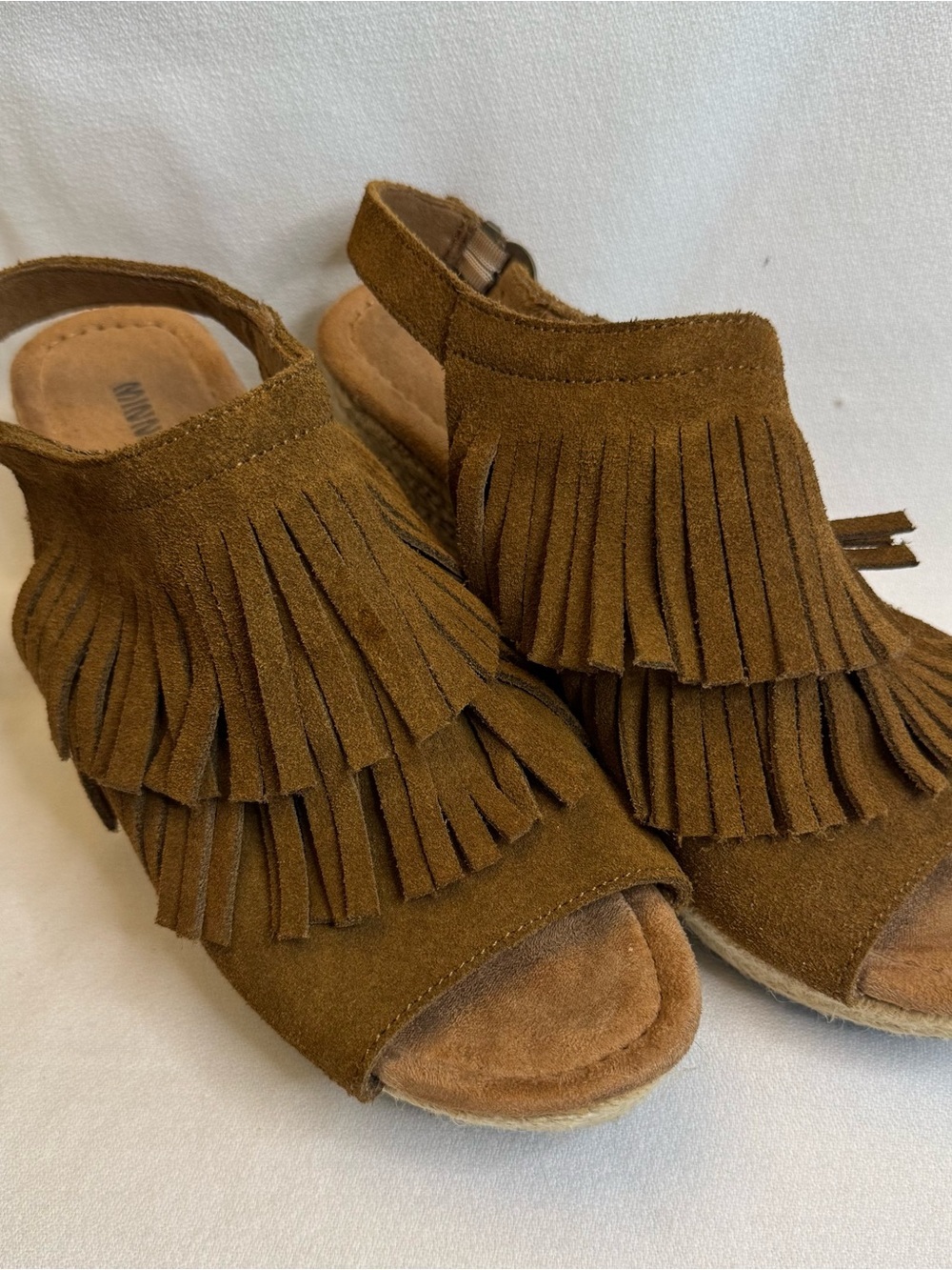 Minnetonka Ashley Suede Fringe Wedge Sandals 8 Brown Boho Espadrille Slingback